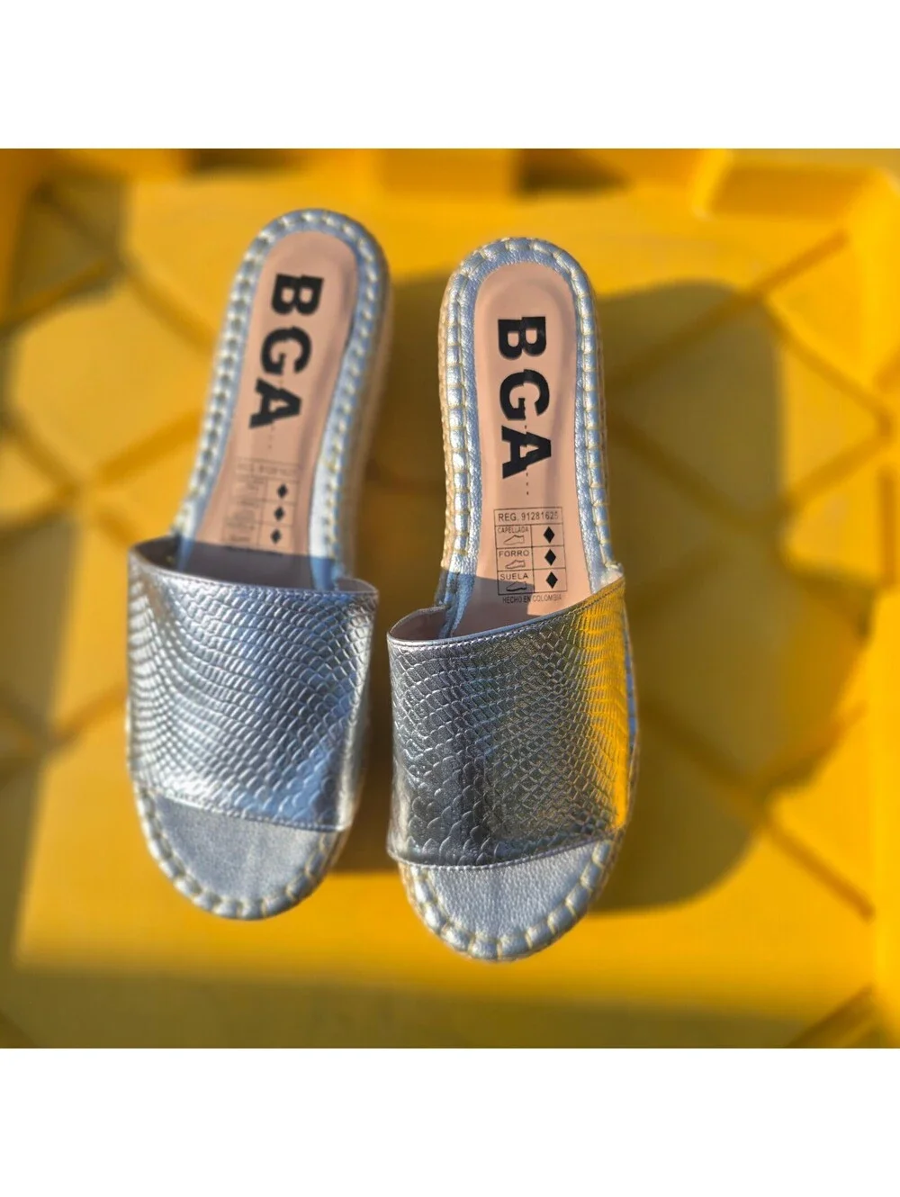 BGA Silver Metallic Platform Slide Sandals with Woven Espadrille Wedge Heel, US
